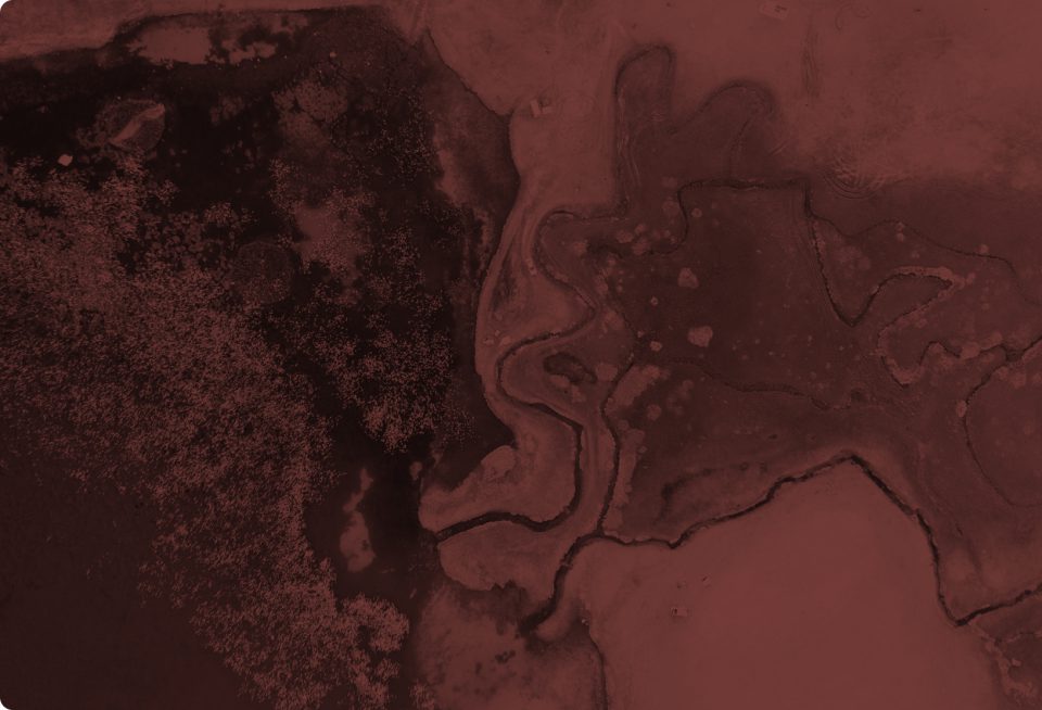 Aerial view of a winding river or stream flowing through a landscape with varied textures and water; image is tinted in a dark reddish-brown hue.