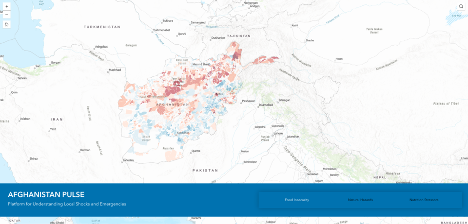 A map of Afghanistan and surrounding countries shows regions shaded in red and blue, indicating varying levels of food insecurity, natural hazards, and nutrition stressors. Title: Afghanistan Pulse.