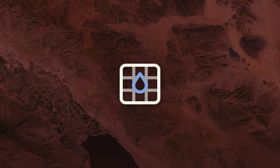 Icon of a grid/map with a blue water drop at the center on a dark red satellite-map background (likely a water-focused app button)
