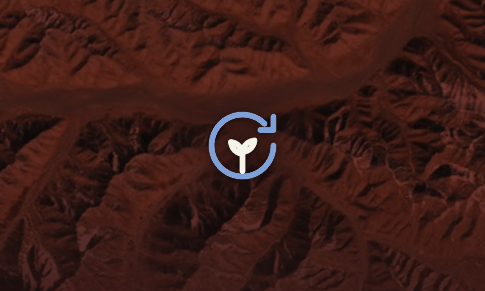 A stylized white seedling inside a blue circular arrow is centered on a reddish-brown, mountainous terrain background viewed from above.