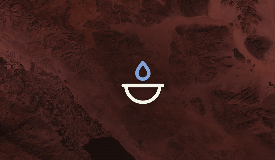 Brand logo featuring a blue water droplet above a white semicircular bowl on a dark red textured background, suggesting hydration or water-related services.