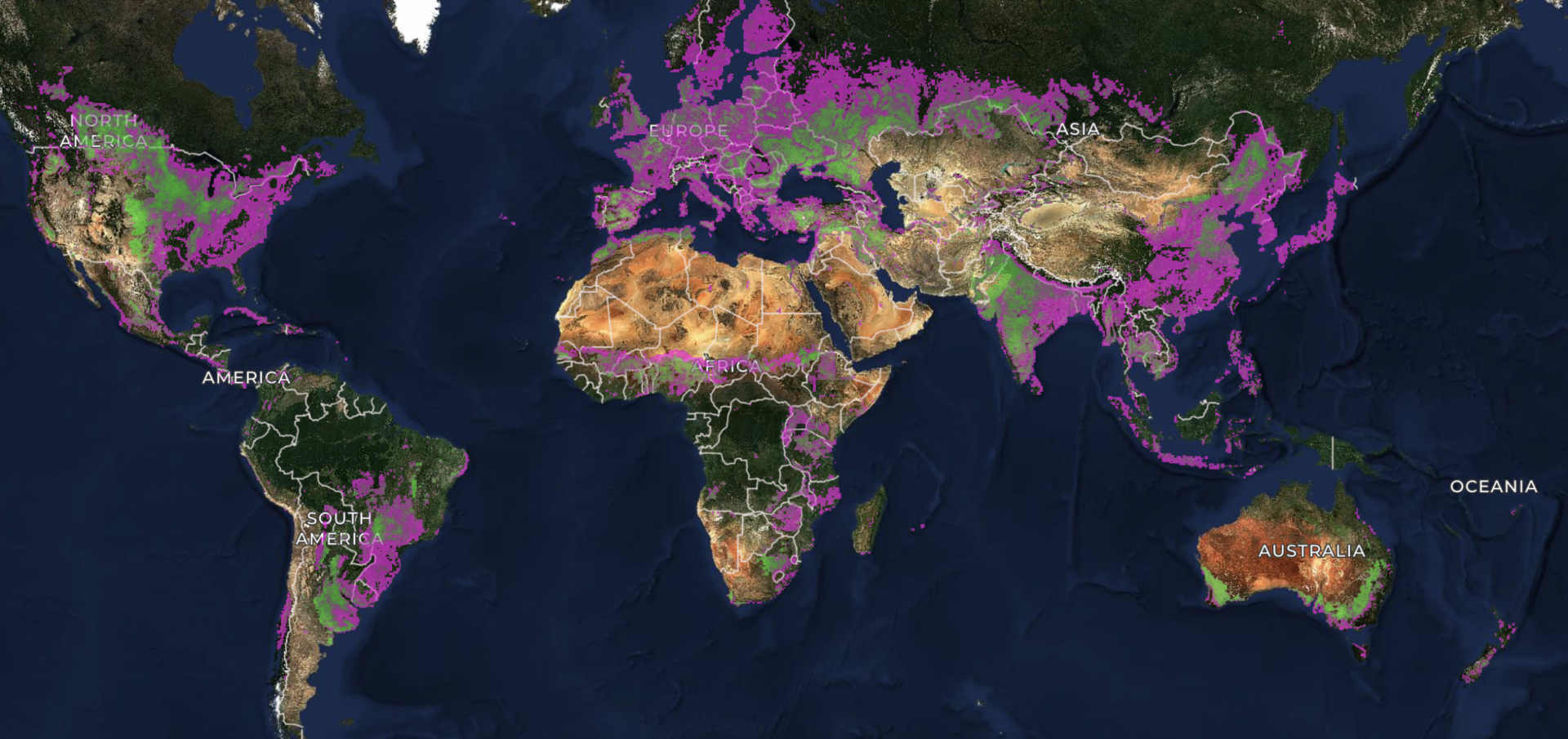 A world map shows land areas colored in purple and green, highlighting regions across all continents except Antarctica; major continents and oceans are labeled in white text.